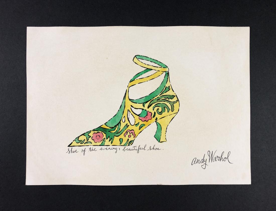 Andy Warhol (1928-1987) â€“ Mixed Media on Paper: This lot consists of a mixed media (ink and watercolor) on paper, attributed to Andy Warhol (American, 1928-1987). This Pop Art image depicts a yellow ladies shoe with green vines and pink flowers, ve