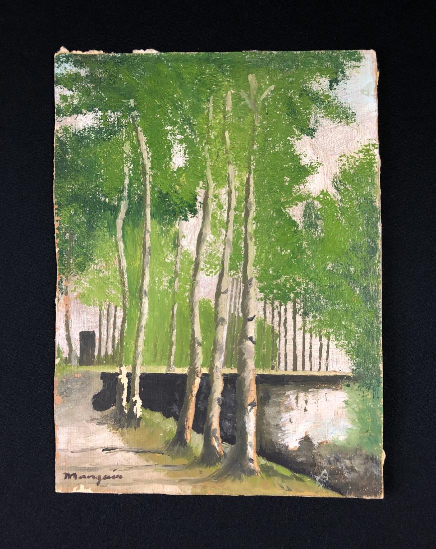 Henri Manguin (French, 1874-1949) -- Oil Painting: This lot consists of a hand-painted oil on board, attributed to Henri Manguin (French, 1874-1949). "Manguin" hand at bottom left. Image depicts a row of young birch trees in a lush bloom of bright, sp