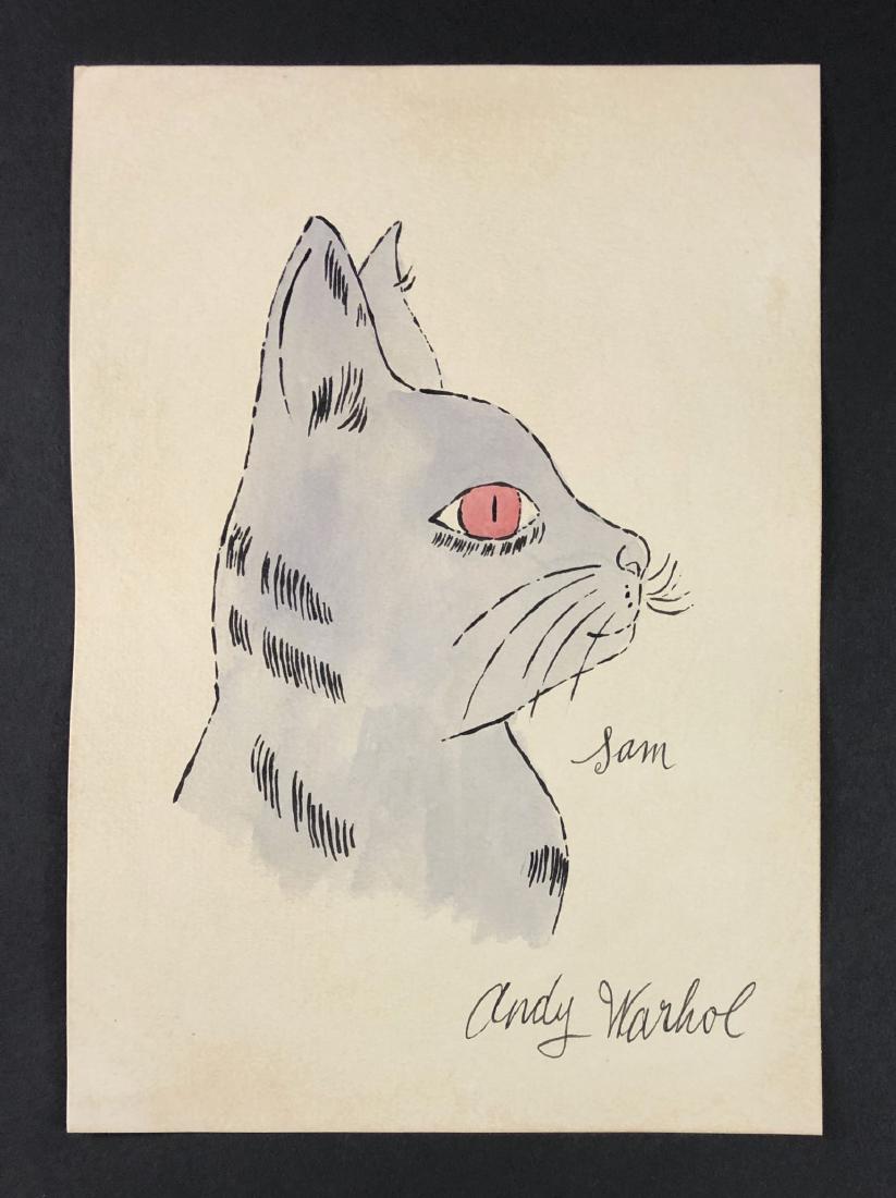 Andy Warhol (1928-1987) â€“ Mixed Media on Paper: This lot consists of a mixed media (ink and watercolor) on paper, attributed to Andy Warhol (American, 1928-1987). This Pop Art image depicts a grey cat with a pink eye in profile, very similar to the