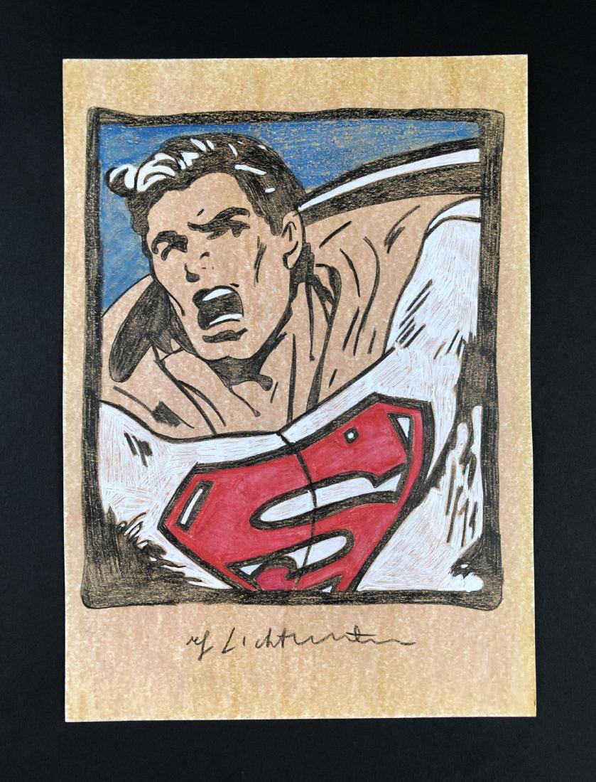 Roy Lichtenstein (1923 -1997) - Mixed Media Drawing: This lot consists of a mixed media (colored pencil, gouache) illustration on paper, attributed to modern cartoon pop artist Roy Lichtenstein (American, 1923-1997). "Roy Lichtenstein" is hand written a