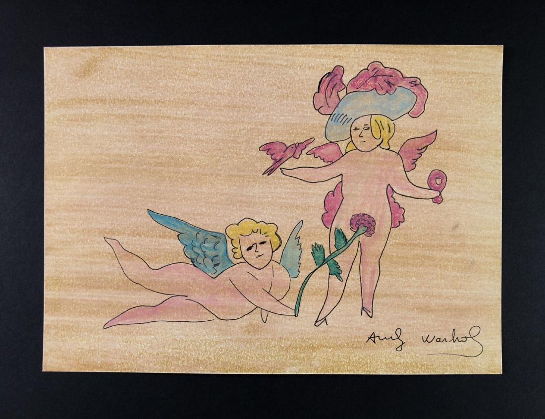 Andy Warhol (1928-1987) â€“ Mixed Media on Paper: This lot consists of a mixed media (ink and watercolor) on color washed paper, attributed to Andy Warhol (American, 1928-1987). This early Pop Art image depicts two cherubesque fairies, both nude exce