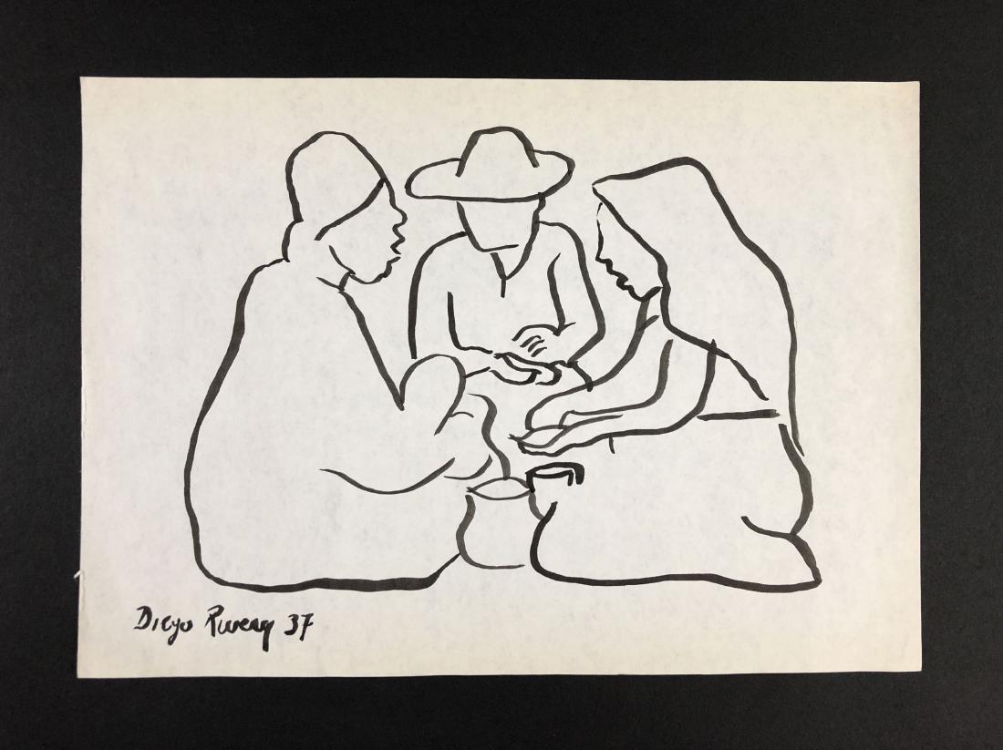 Diego Rivera (1886 -1957) - Watercolor Painting: This lot consists of a watercolor painting on paper, attributed to modern cubist Diego Rivera (Mexican,1886 -1957). Hand inscription at bottom left reads, "Diego Rivera 37". Image depicts three indivi