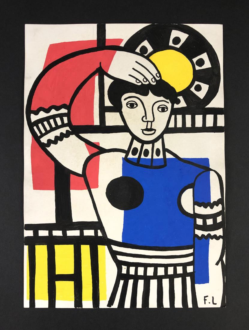 Fernand Leger (1881-1955) -- Gouache on Paper: This lot consists of a gouache on paper attributed to of Fernand Leger (French, 1881-1955). This Purist Art style image depicts a woman stands in front of a circus organ, her outstretched arm waving a