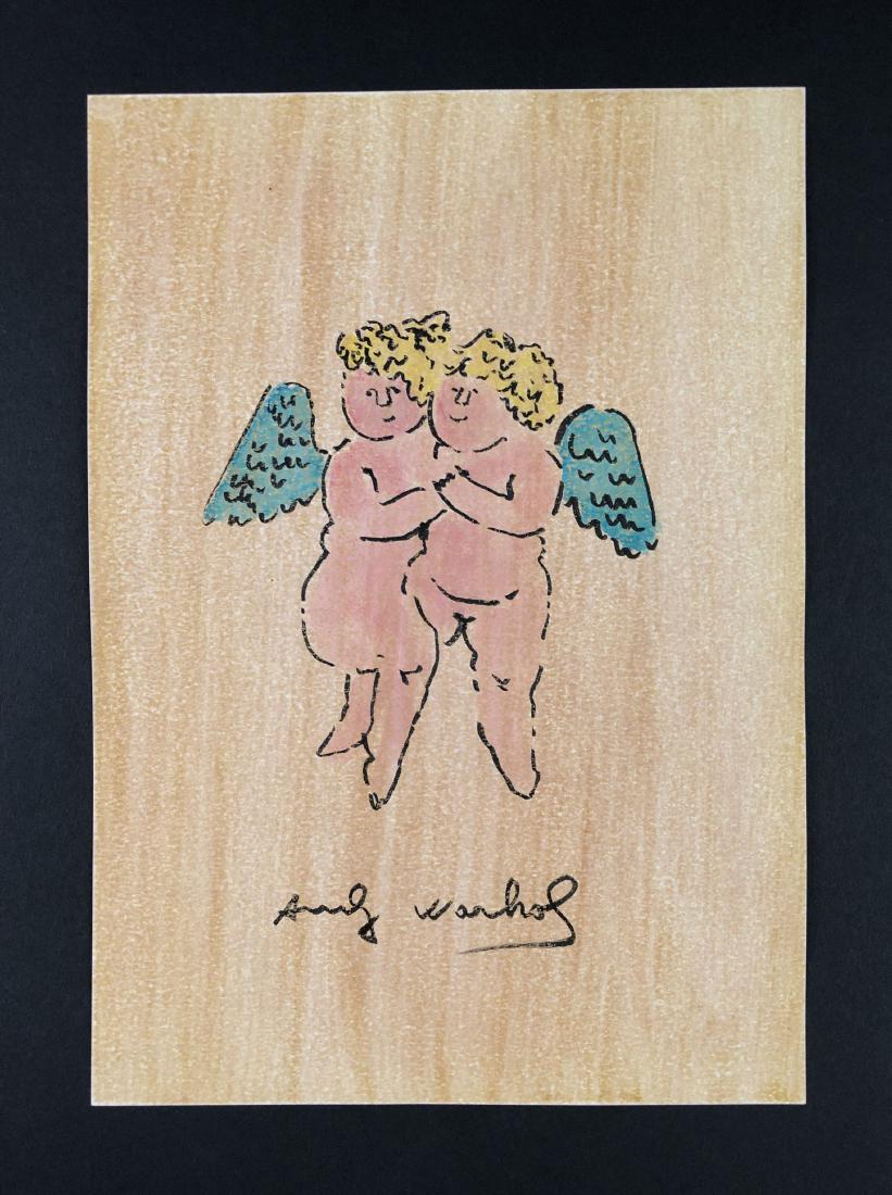 Andy Warhol (1928-1987) â€“ Mixed Media on Paper: This lot consists of a mixed media (ink and watercolor) on color washed paper, attributed to Andy Warhol (American, 1928-1987). This early Pop Art image depicts two nude cherubesque fairies with angel