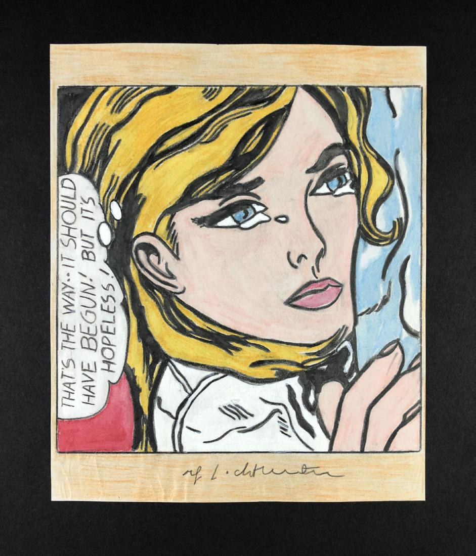 Roy Lichtenstein (1923-1997) - Mixed Media on Paper: This lot consists of a mixed media (colored pencil, pastel) illustration on paper, attributed to Roy Lichtenstein (American, 1923-1997). Hand inscription at bottom reads, "Roy Lichtenstein". This Pop