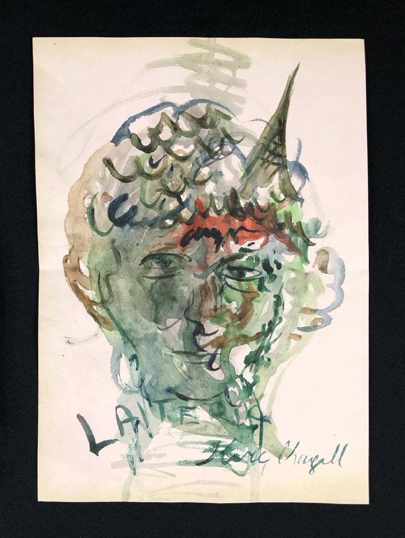 Marc Chagall (French, 1887-1985) -- Watercolor Painting: Lot consists of a hand painted watercolor illustration on rosy-colored paper, attributed to Marc Chagall (French, 1887-1985). "Marc Chagall" is hand written at bottom. This painterly image depicts a m