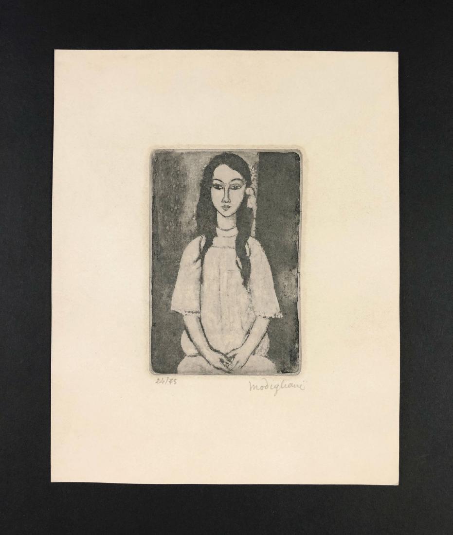 Amedeo Modigliani (1884-1920) - Fine Art Print on Paper: This lot consists of a fine art print on paper, attributed to Amedeo Modigliani (Italian, 1884-1920). Graphite inscription at bottom of composition reads, "24/75. Modigliani". Image depicts a young gi