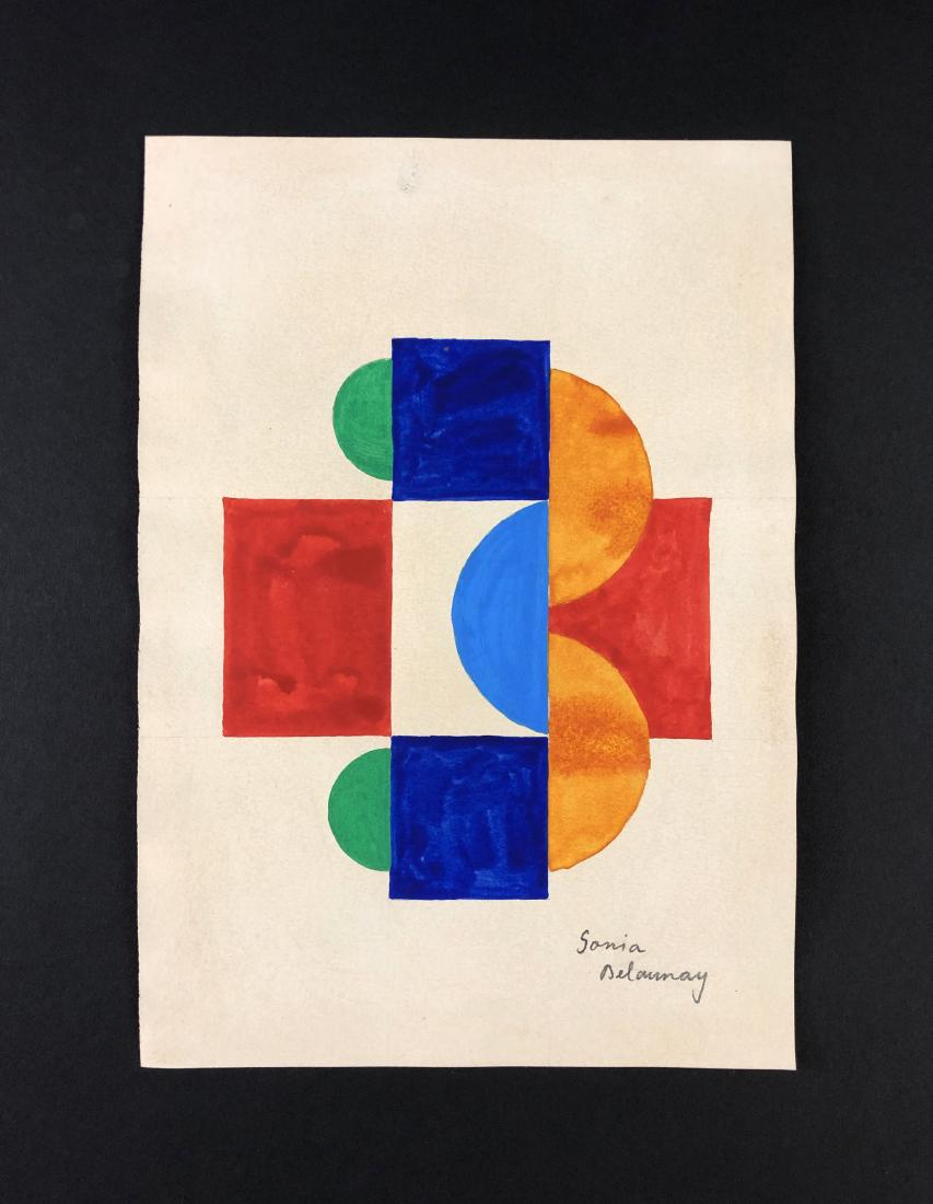 Sonia Delaunay (1885-1979) - Watercolor on Paper: This lot consists of a hand-painted watercolor illustration on paper, "Sonia Delaunay" at lower right. A vivid, modernist image depicting several mingling shapes. Done in the Section D'Or style for wh