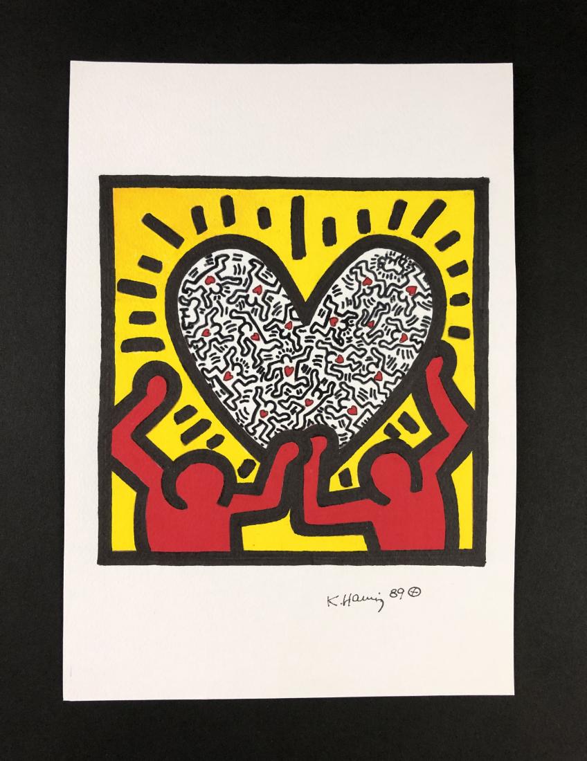 Keith Haring (American, 1958-1990) -- Ink Drawing: This lot consists of a hand-drawn ink illustration on paper, attributed to the pop-modern graffiti artist Keith Haring (American, 1958-1990). "K. Haring 89" is hand written at bottom. To the right of