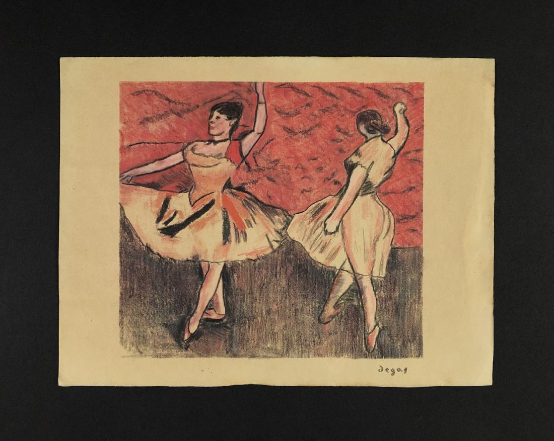 Edgar Degas (French, 1834 -1917) -- Hand Drawn Mixed: This lot consists of a mixed media on paper attributed to Edgar Degas (French, 1834 -1917. This impressionist image depicts Two ballerinas, each with an arm in the air, perform in front of a red backg