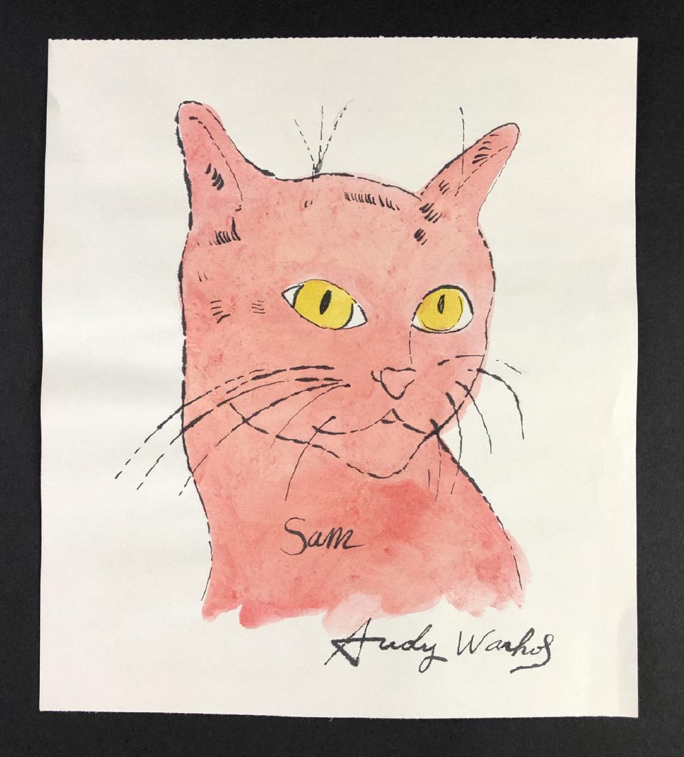 Andy Warhol (1928-1987) â€“ Mixed Media on Paper: This lot consists of a mixed media (ink and watercolor) on paper, attributed to Andy Warhol (American, 1928-1987). This Pop Art image depicts a pink cat with yellow eyes, very similar to the cats depi