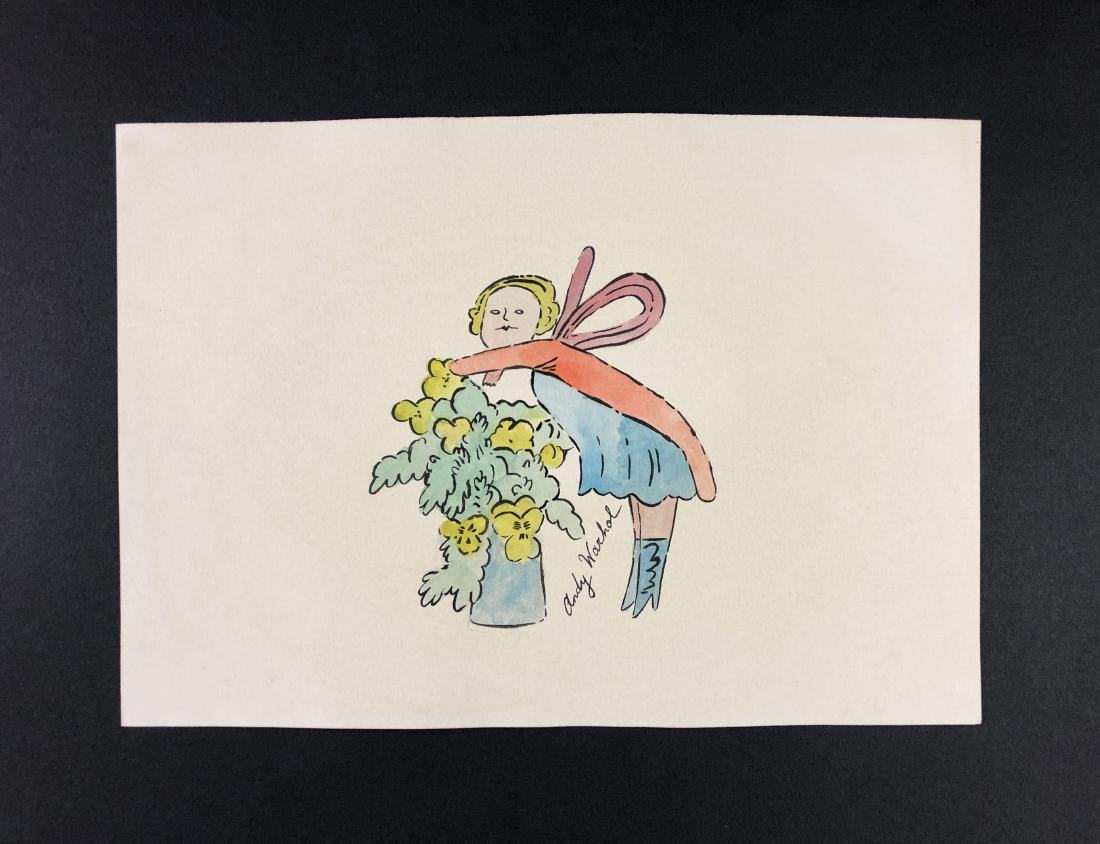 Andy Warhol (1928-1987) â€“ Mixed Media on Paper: This lot consists of a mixed media (ink and watercolor) on paper, attributed to Andy Warhol (American, 1928-1987). This early Pop Art image depicts a fairie in a blue dress and boots tending to a pott