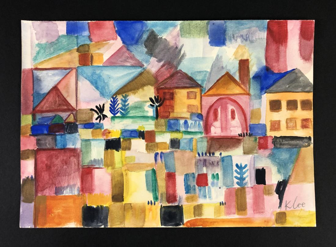 Paul Klee (1879 -1940) -- Watercolor on Paper: This lot consists of a watercolor on paper, attributed to Paul Klee (Swiss-German, 1879-1940). This cubist image depicts a small village of houses and buildings interspersed with trees and bushes and 