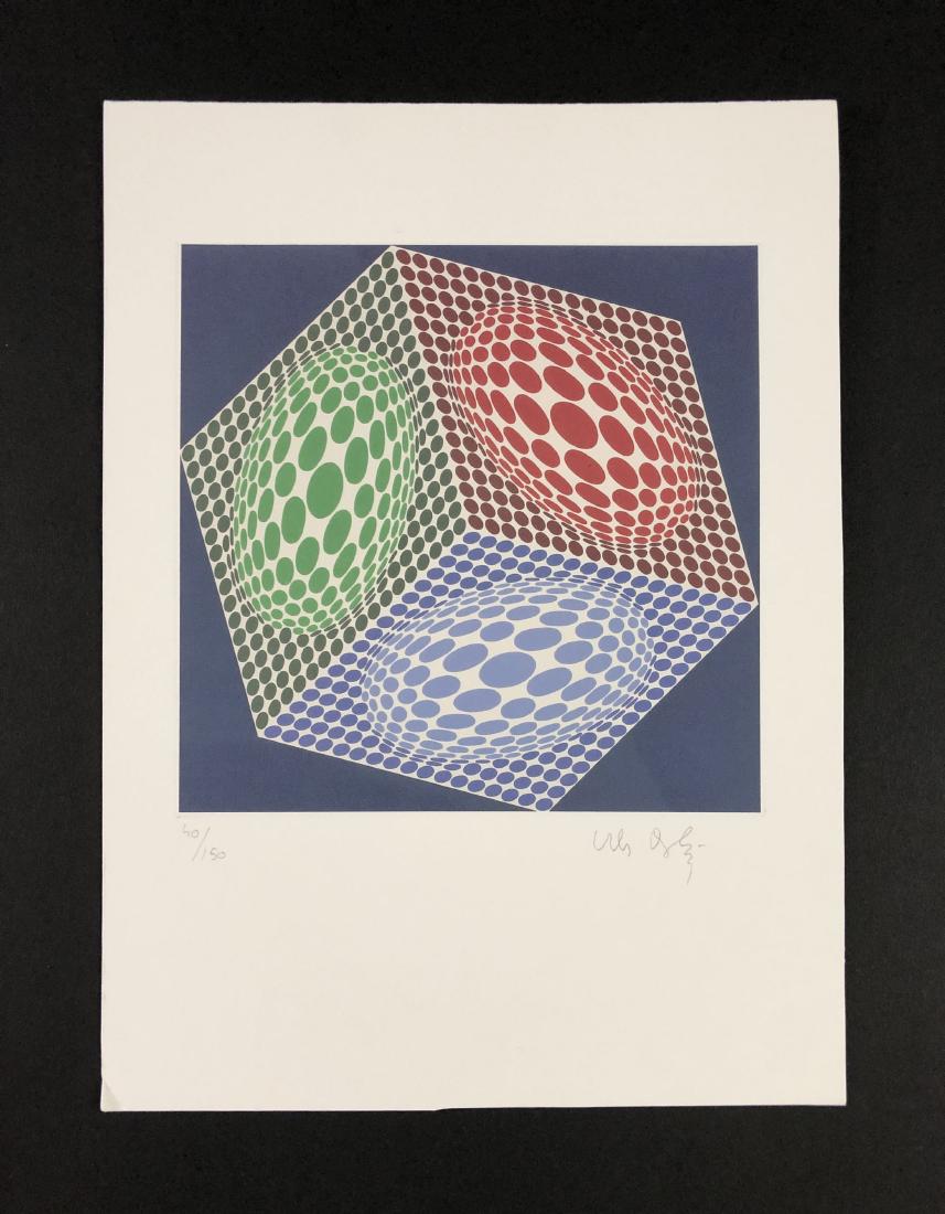 Victor Vasarely (1906-1997) - Fine Art Print on Paper: This lot consists of a fine art print on paper, attributed to Victor Vasarely (Hungarian, 1906-1997). Graphite inscription at bottom of composition reads, "40/150. Victor Vasarely". This geometric com