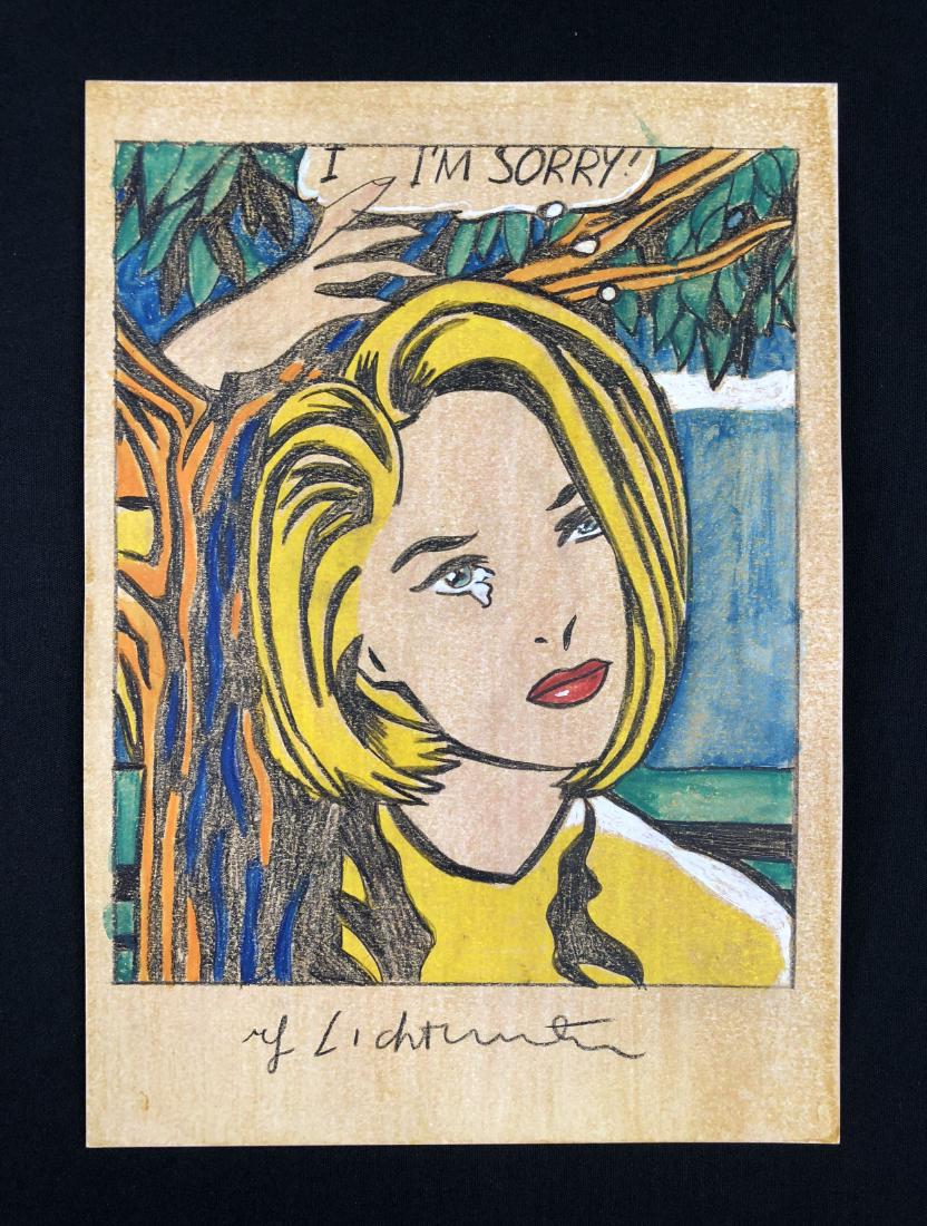 Roy Lichtenstein (1923-1997) -- Mixed Media Drawing: This lot consists of a hand-drawn mixed media (pastel and gouache) illustration on paper, attributed to Roy Lichtenstein (American, 1923-1997). "Roy Lichtenstein" is hand written at bottom. Image depi