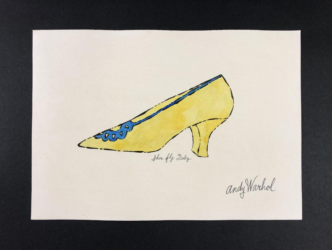 Andy Warhol (1928-1987) â€“ Mixed Media on Paper: This lot consists of a mixed media (ink and watercolor) on paper, attributed to Andy Warhol (American, 1928-1987). This Pop Art image depicts a yellow ladies shoe with blue accents, very similar to a 
