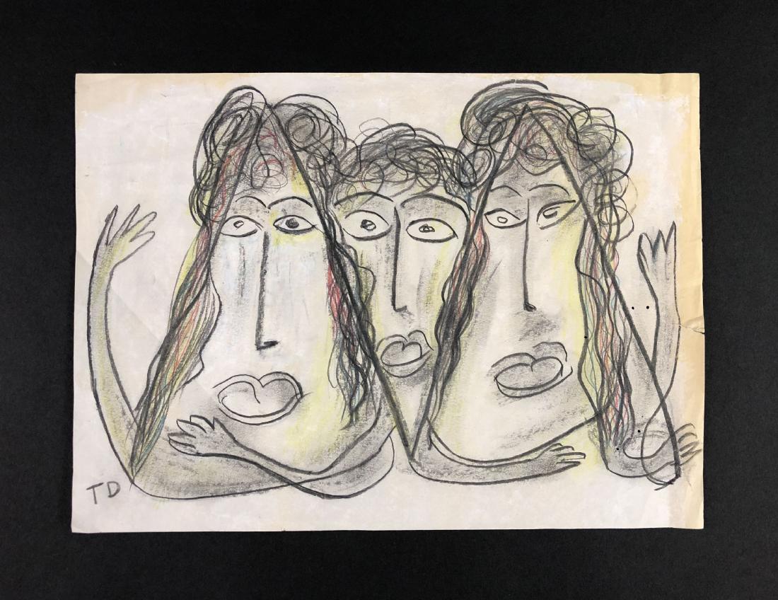 Thornton (Buck) Dial (American, 1928-2016)- Drawing: This lot consists of a hand drawn mixed media illustration on paper, attributed to the modern outsider artist Thornton (Buck) Dial (American, 1928-2016). "TD" is hand written at lower left. Image depi