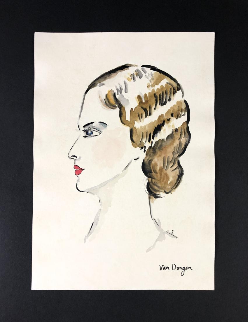 Kees van Dongen (1877-1968) -- Watercolor on Paper: This lot consists of a brush and ink on paper, attributed to Kees Van Dongen (Dutch-French, 1877-1968). This impressionist image depicts a womanÃ¢Â€Â™s head in profile. She has short, wavy bro