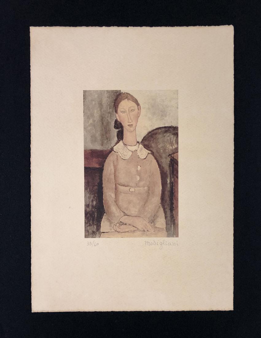 Amedeo Modigliani (Italian, 1884-1920) -- Fine Art: This lot consists of a fine art print on paper, attributed to Amedeo Modigliani (Italian, 1884-1920). "Modigliani" and 33/60" are hand written in graphite at bottom. Image depicts a girl with almond s