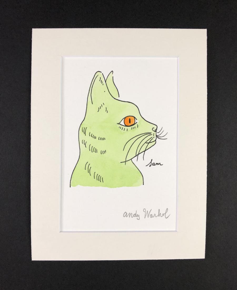 Andy Warhol (1928-1987) â€“ Mixed Media on Paper: This lot consists of a matted mixed media (ink and watercolor) on paper, attributed to Andy Warhol (American, 1928-1987). This Pop Art image depicts a the profile of a green cat with an orange eye , v