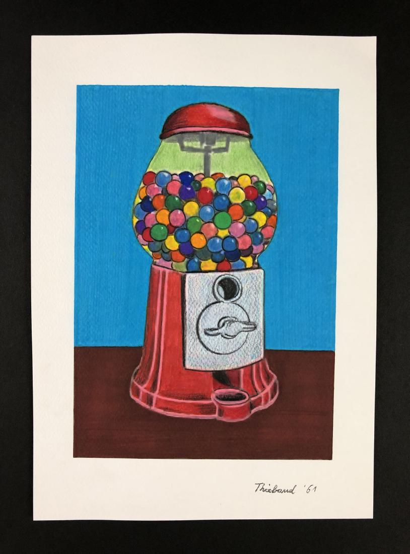 Wayne Thiebaud (born 1920 -) -- Mixed Media Drawing: This lot consists of a hand-drawn colored pencil and ink illustration on paper, attributed to modern artist Wayne Thiebaud (American, 1920 -). "Thiebaud" is hand written in graphite at bottom. To the