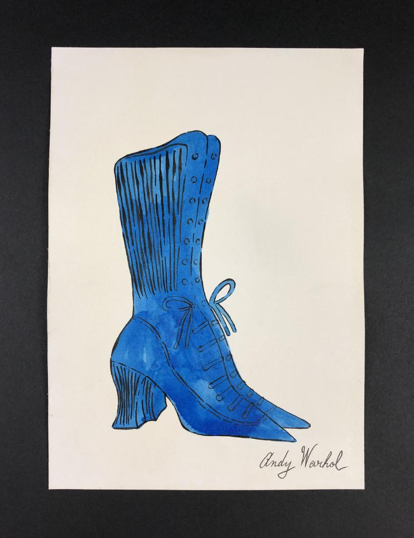 Andy Warhol (1928-1987) â€“ Mixed Media on Paper: This lot consists of a mixed media (ink and watercolor) on paper, attributed to Andy Warhol (American, 1928-1987). This Pop Art image depicts a tall blue Victorian ladies boot, very similar to a print