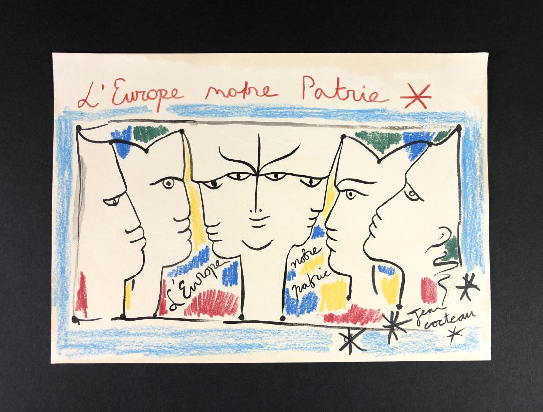Jean Cocteau (1889-1963) -- Mixed Media on Paper: This lot consists of a ink and crayon drawing on paper, attributed to Jean Cocteau (French, 1889-1963). This expressionist image depicts A group of faces, most in profile, some sharing one head, gazin