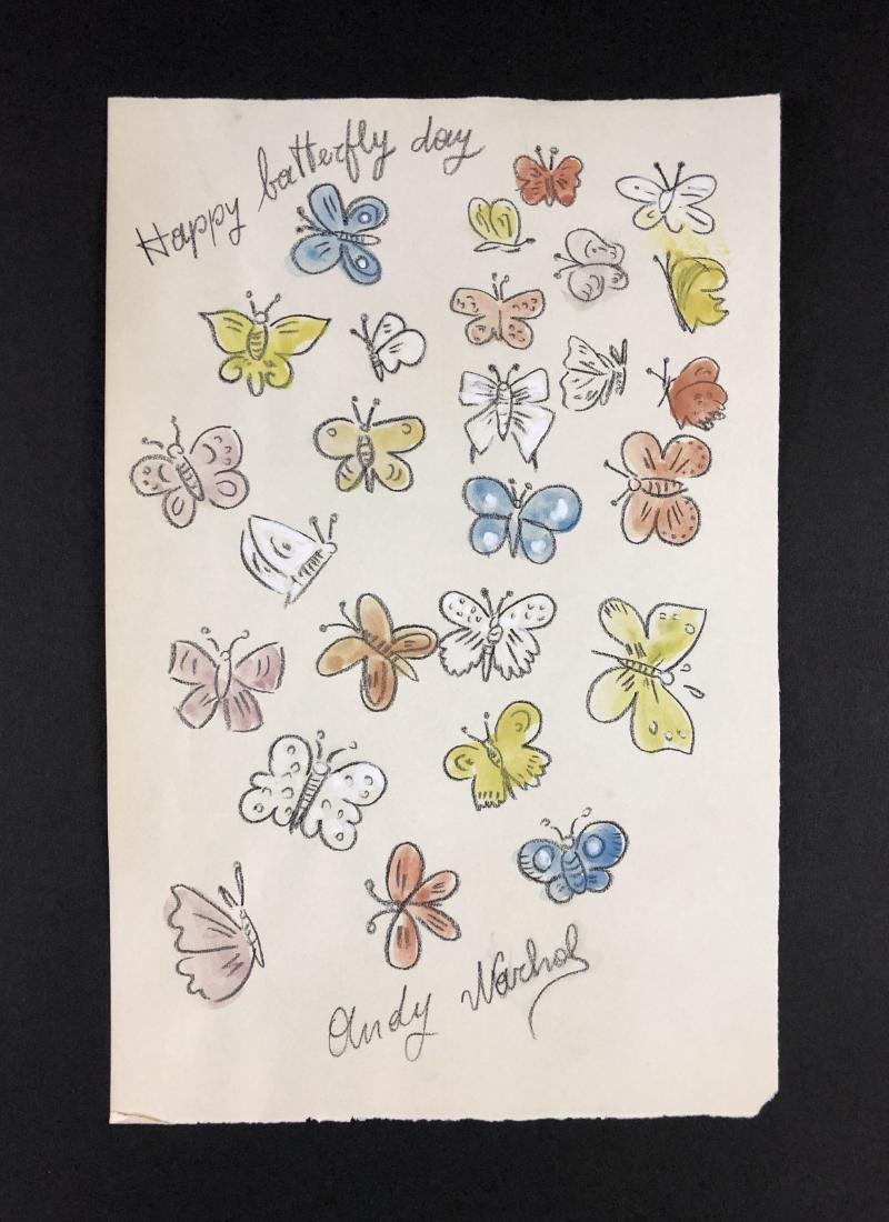 Andy Warhol (1928-1987) â€“ Mixed Media on Paper: This lot consists of a mixed media (ink and watercolor) on paper, attributed to Andy Warhol (American, 1928-1987). This early Pop art image depicts butterflies of differant colors. Hand inscription be