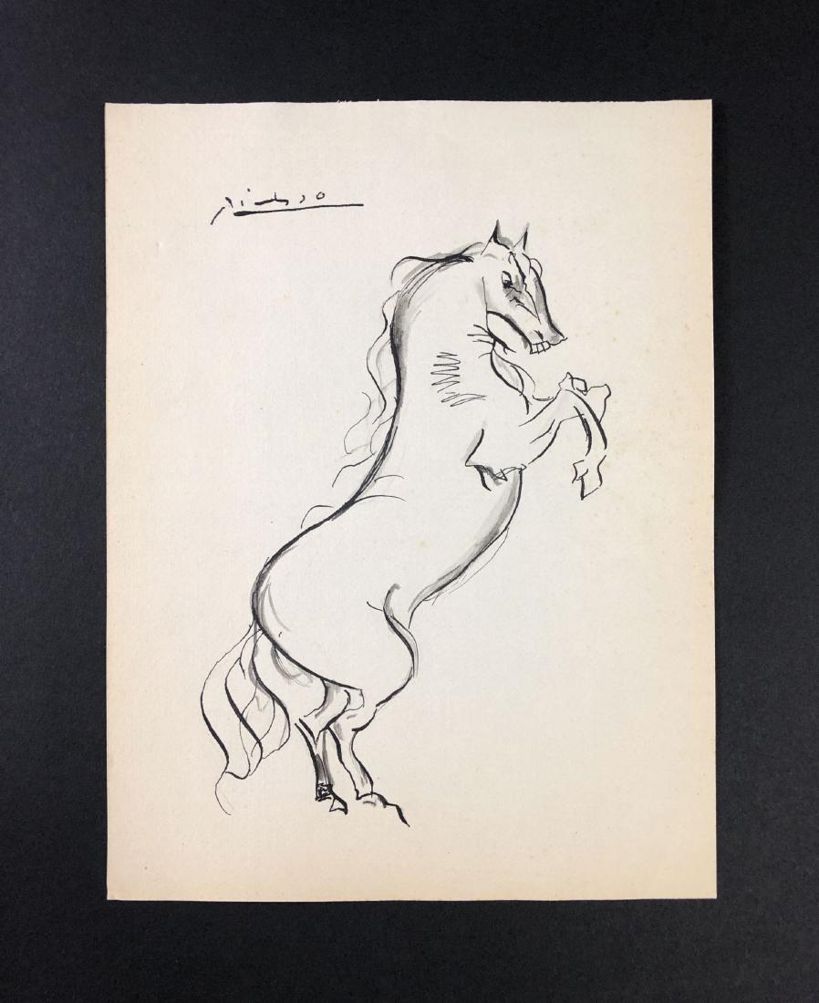 Pablo Picasso (1881-1973) - Ink Illustration on Paper: This lot consists of a pen and ink illustration on paper, attributed to Pablo Picasso (Spanish, 1881-1973). A hand inscription at top left reads, "Picasso". A bold representation of a rearing horse. F