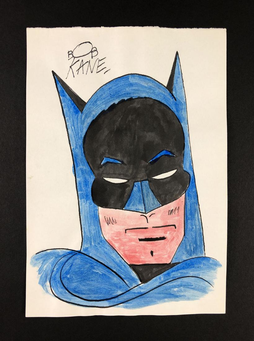 Bob Kane (American, 1915-1998) - Mixed Media Drawing: This lot consists of a hand drawn ink and watercolor illustration on paper, attributed to the DC Comics artist Bob Kane (American, 1915-1998). "BOB KANE" is hand written at top left. Image depicts the