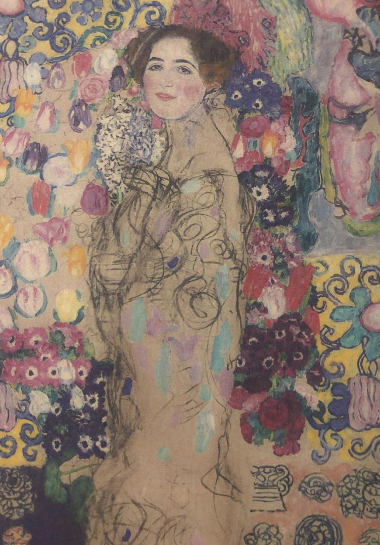 Gustav Klimt (Austrian,1862-1918) -- Fine Art Print: This lot consists of a warm, splashy fine art print on paper, attributed to Gustav Klimt (Austrian, 1862-1918). "Gustav Klimt" is hand written in graphite at bottom right. A smile blooms from the face