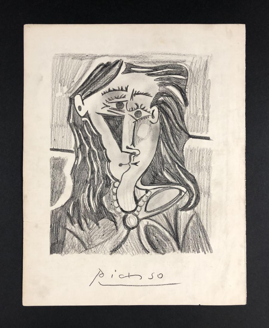 Pablo Picasso (1881-1973) â€“ Graphite on Paper: This lot consists of a Graphite drawing on an Antique sheet music page, attributed to Pablo Picasso (Spanish, 1881-1973). This cubist image depicts the portrait of a woman. Hand inscription below read