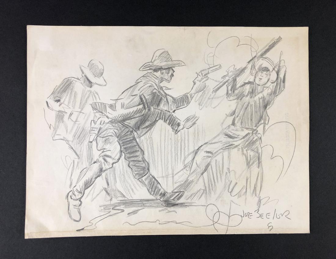 Joe Beeler (American, 1931 - 2006) -- Hand Drawing: This lot consists of a hand drawn graphite illustration on paper, attributed to Western artist Joe Beeler (American, 1931 - 2006). "Joe Beelor" is hand written at bottom right. Image depicts a western