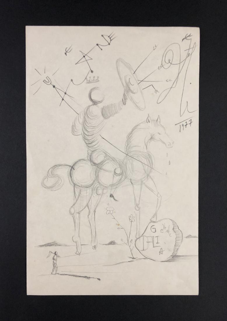 Salvador Dali (1904-1989) - Graphite on Paper: This lot consists of a graphite illustration on paper, attributed to Salvador Dali (Spanish, 1904-1989). Dated "1977". This surrealist image depicts a man on horseback, surrounded by impractical propo