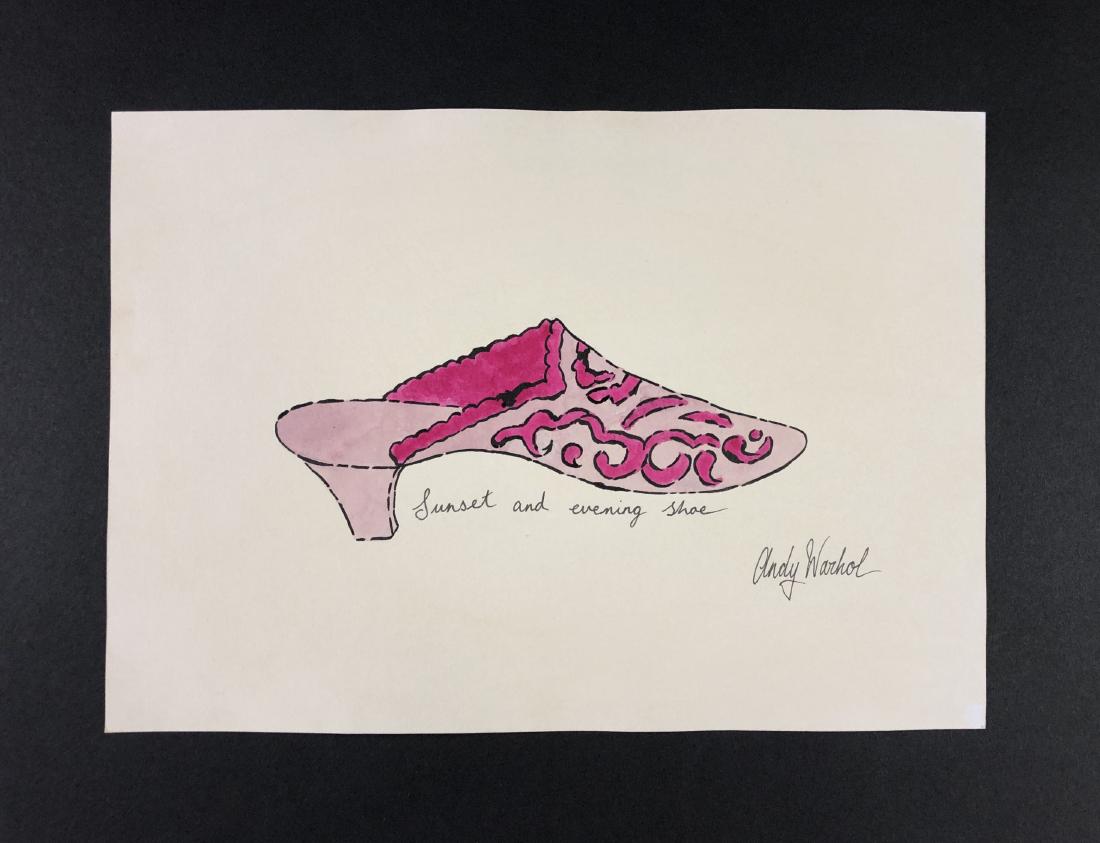 Andy Warhol (1928-1987) â€“ Mixed Media on Paper: This lot consists of a mixed media (ink and watercolor) on paper, attributed to Andy Warhol (American, 1928-1987). This Pop Art image depicts a lavender ladies shoe with maroon accents, very similar t