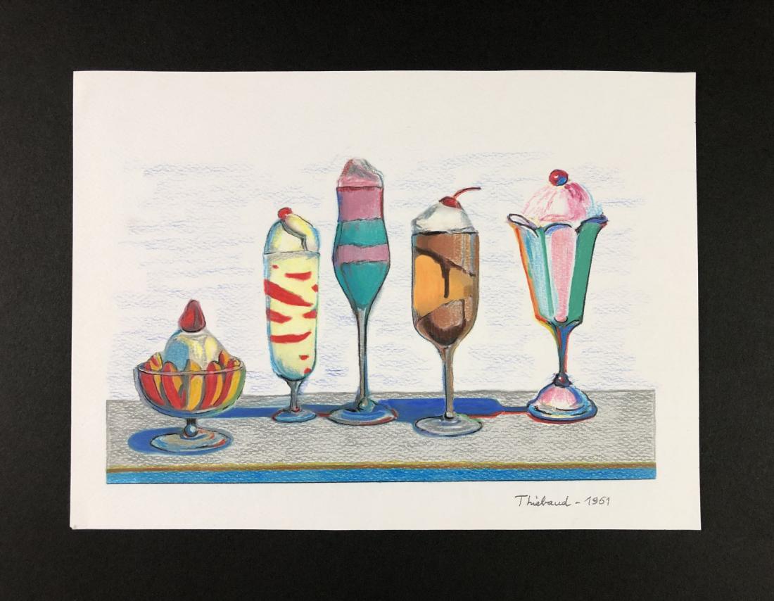 Wayne Thiebaud (born 1920 -) -- Colored Pencil Drawing: This lot consists of a hand-drawn colored pencil illustration on paper, attributed to modern artist Wayne Thiebaud (American, 1920 -). "Thiebaud" is hand written in graphite at bottom. To the right of