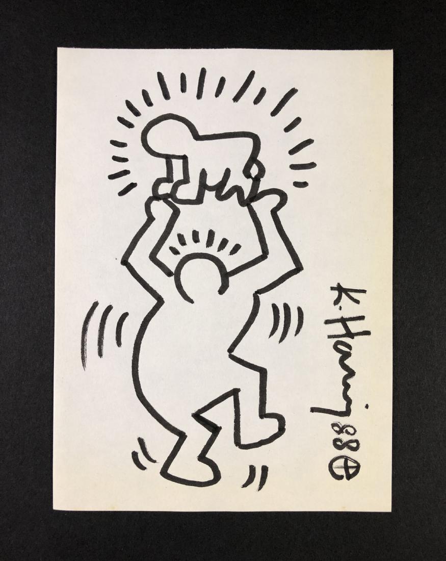 Keith Haring (American, 1958-1990) -- Ink Drawing: This lot consists of a hand-drawn ink illustration on brown paper, attributed to the pop-modern graffiti artist Keith Haring (American, 1958-1990). "K. Haring 88" is hand written at side. To the right