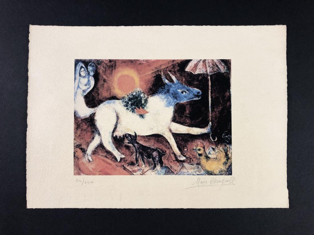 Marc Chagall (1887-1985) - Fine Art Print on Paperr: This lot consists of a fine art print on paper, attributed to Marc Chagall (French, 1887-1985). numbered at bottom, in graphite handwriting, "50/150. Marc Chagall." This dream-like image features seve