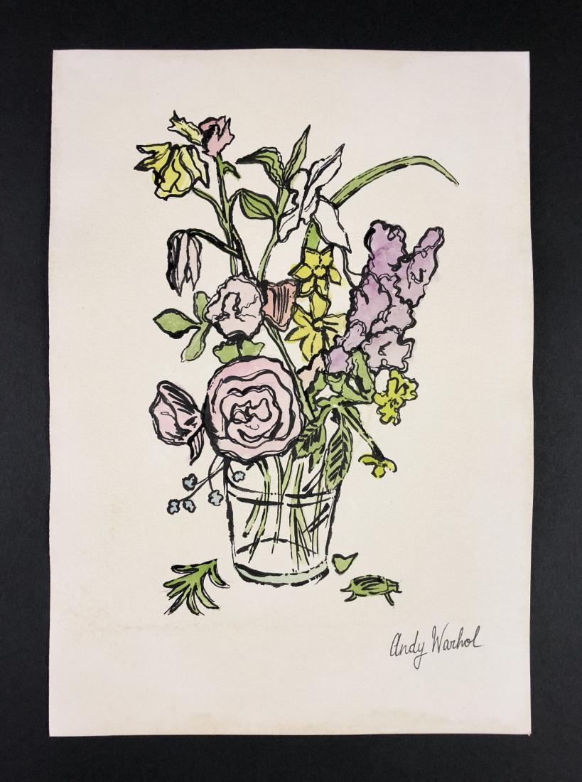 Andy Warhol (1928-1987) â€“ Mixed Media on Paper: This lot consists of a mixed media (ink and watercolor) on paper, attributed to Andy Warhol (American, 1928-1987). This early Pop art image depicts a vase full of f;owers. Hand inscription below reads