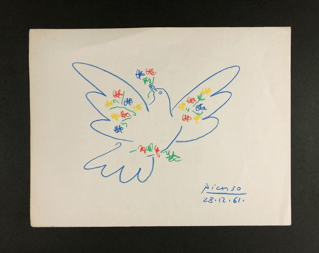 Pablo Picasso (1881-1973) â€“ Pastel on Paper: This lot consists of a colored pencil drawing on an Antique sheet music page, attributed to Pablo Picasso (Spanish, 1881-1973). This expressionist image depicts the dove of peace. Hand inscription bel
