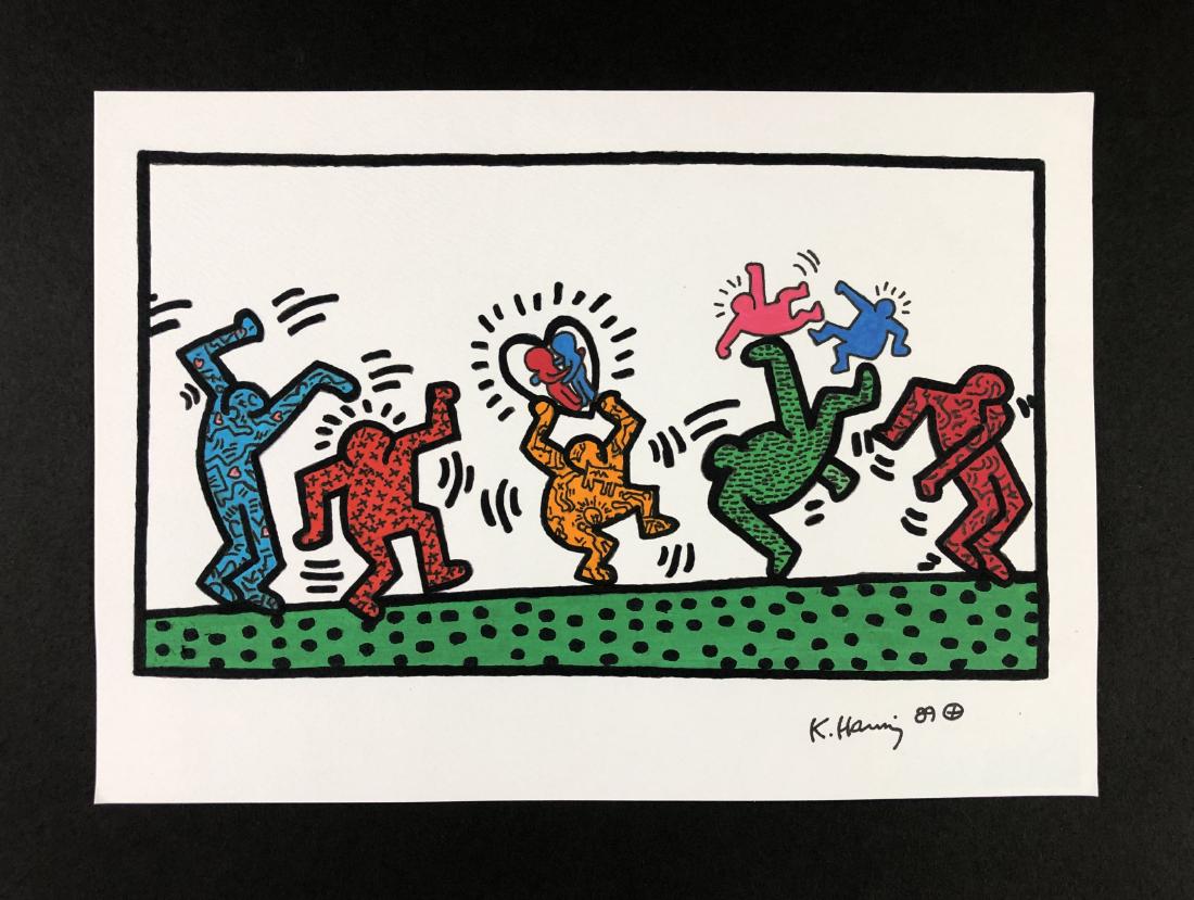 Keith Haring (American, 1958-1990) -- Ink Drawing: This lot consists of a hand-drawn ink illustration on paper, attributed to the pop-modern graffiti artist Keith Haring (American, 1958-1990). "K. Haring 89" is hand written at bottom. To the right of