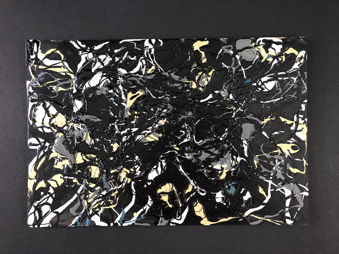 Jackson Pollock (American, 1912-1956) -- Drip Painting: This lot consists of a hand rendered acrylic drip painting on board, attributed to modern artist Jackson Pollock (American, 1912-1956). "Pollock" is handwritten en verso. Large pools of black are juxt