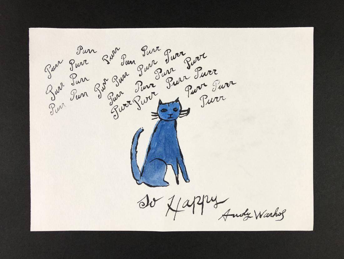 Andy Warhol (1928-1987) -- Mixed Media on Paper: This lot consists of an mixed media (ink and watercolor) on paper, attributed to Andy Warhol (American, 1928-1987). This Pop art image depicts A blue cat sitting with the word Ã¢Â€ÂœPurr”