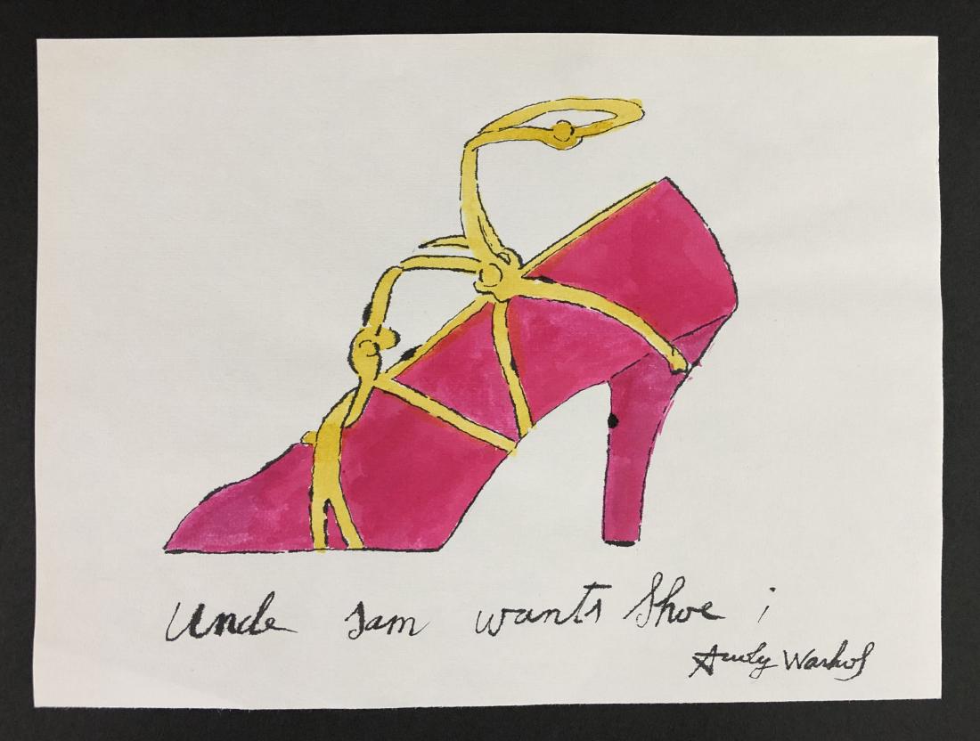 Andy Warhol (1928 - 1987) -- Media on Paper: This lot consists of an mixed media (ink and watercolor) on paper, attributed to Andy Warhol (American, 1928-1987). This Pop art image depicts A vibrant pink ladiesÃ¢Â€Â™ shoe with bright yell