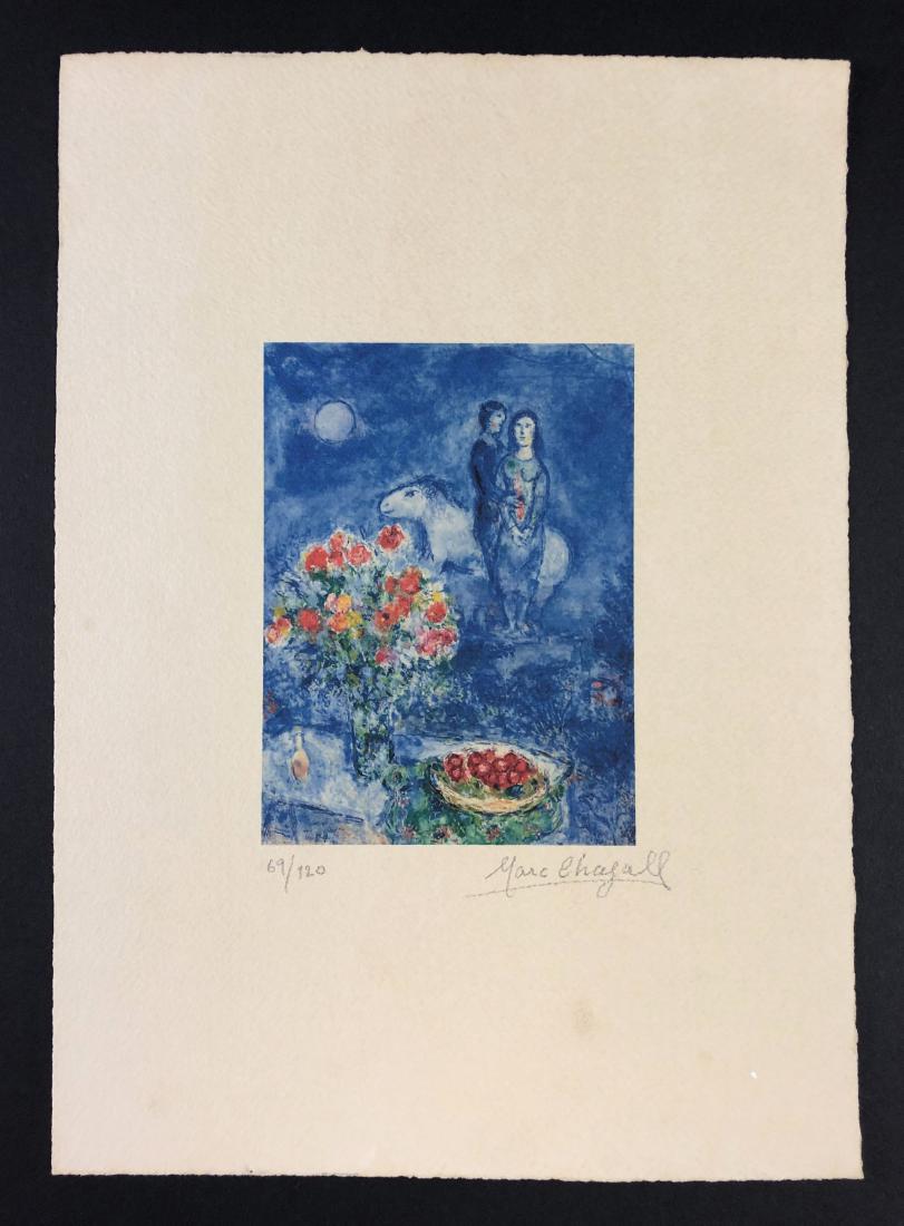 Marc Chagall (1887-1985) - Fine Art Print on Paper: This lot consists of a fine art print on paper, attributed to Marc Chagall (French, 1887-1985). numbered at bottom, in graphite handwriting, "69/120. Marc Chagall." This inky blue image depicts a myst