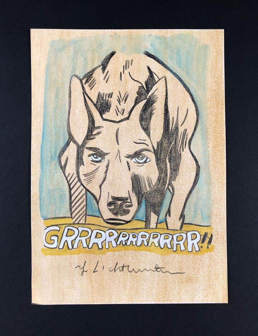 Roy Lichtenstein (1923 -1997) - Mixed Media Drawing: This lot consists of a mixed media (colored pencil, gouache) illustration on paper, attributed to modern cartoon pop artist Roy Lichtenstein (American, 1923-1997). "Roy Lichtenstein" is hand written a