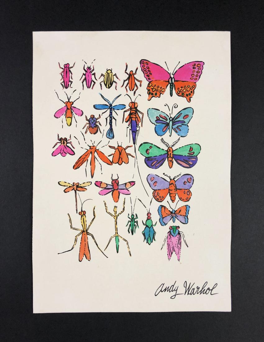 Andy Warhol (1928-1987) â€“ Mixed Media on Paper: This lot consists of a mixed media (ink and watercolor) on paper, attributed to Andy Warhol (American, 1928-1987). This early Pop art image depicts a insects of different colors. Hand inscription belo
