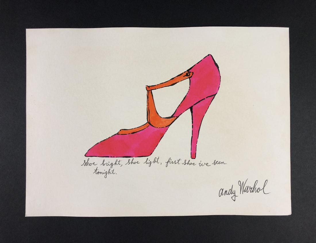 Andy Warhol (1928-1987) â€“ Mixed Media on Paper: This lot consists of a mixed media (ink and watercolor) on paper, attributed to Andy Warhol (American, 1928-1987). This Pop Art image depicts a pink ladies shoe with an orange strap, very similar to a