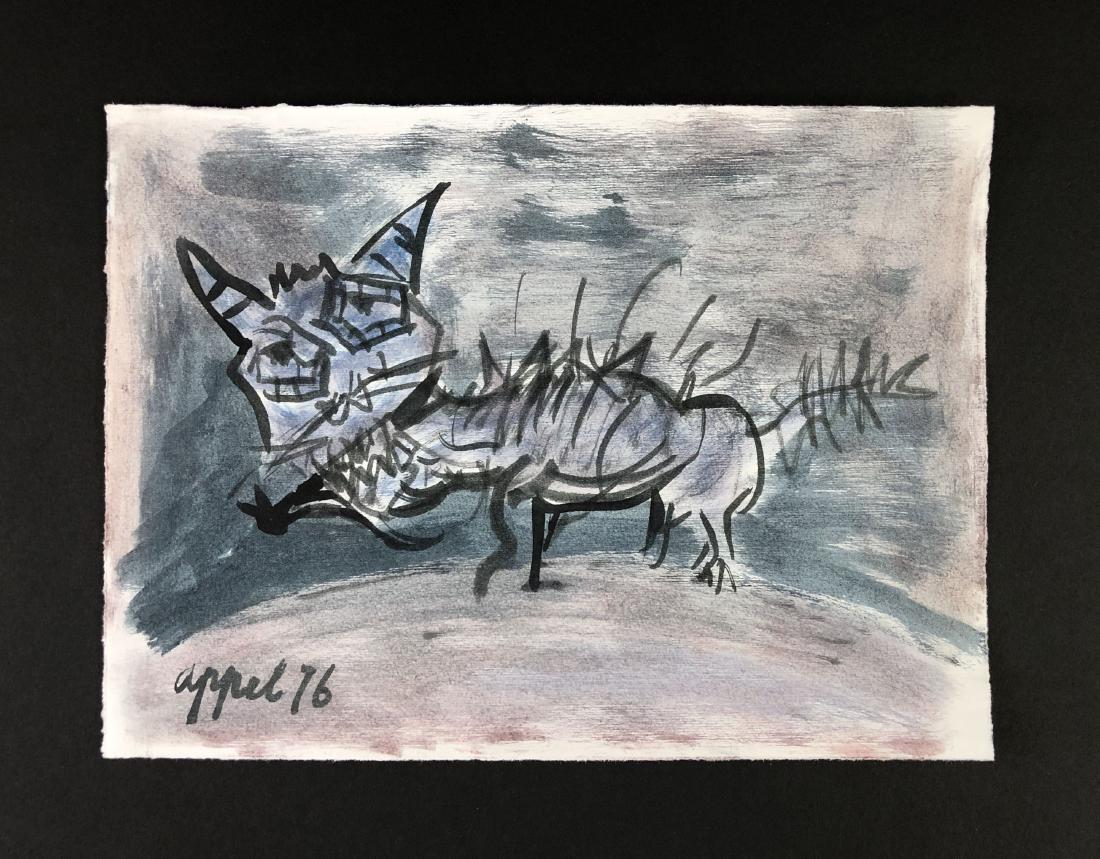 Karel Appel (1899-1991) -- Watercolor on Paper: This lot consists of a watercolor on paper, attributed to Karel Appel (Dutch, 1899-1991). This image depicts a cat standing in wash of greys and blues. Hand inscription reads "Appel 76" at lower left.
