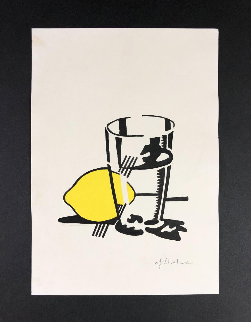 Roy Lichtenstein (1923 - 1997) -- Mixed Media on Paper: This lot consists of a mixed media on paper, attributed to Roy Lichtenstein (American, 1923-1997). This image depicts a tall glass, ¾ full with water, and a lemon sitting partially blocked by,